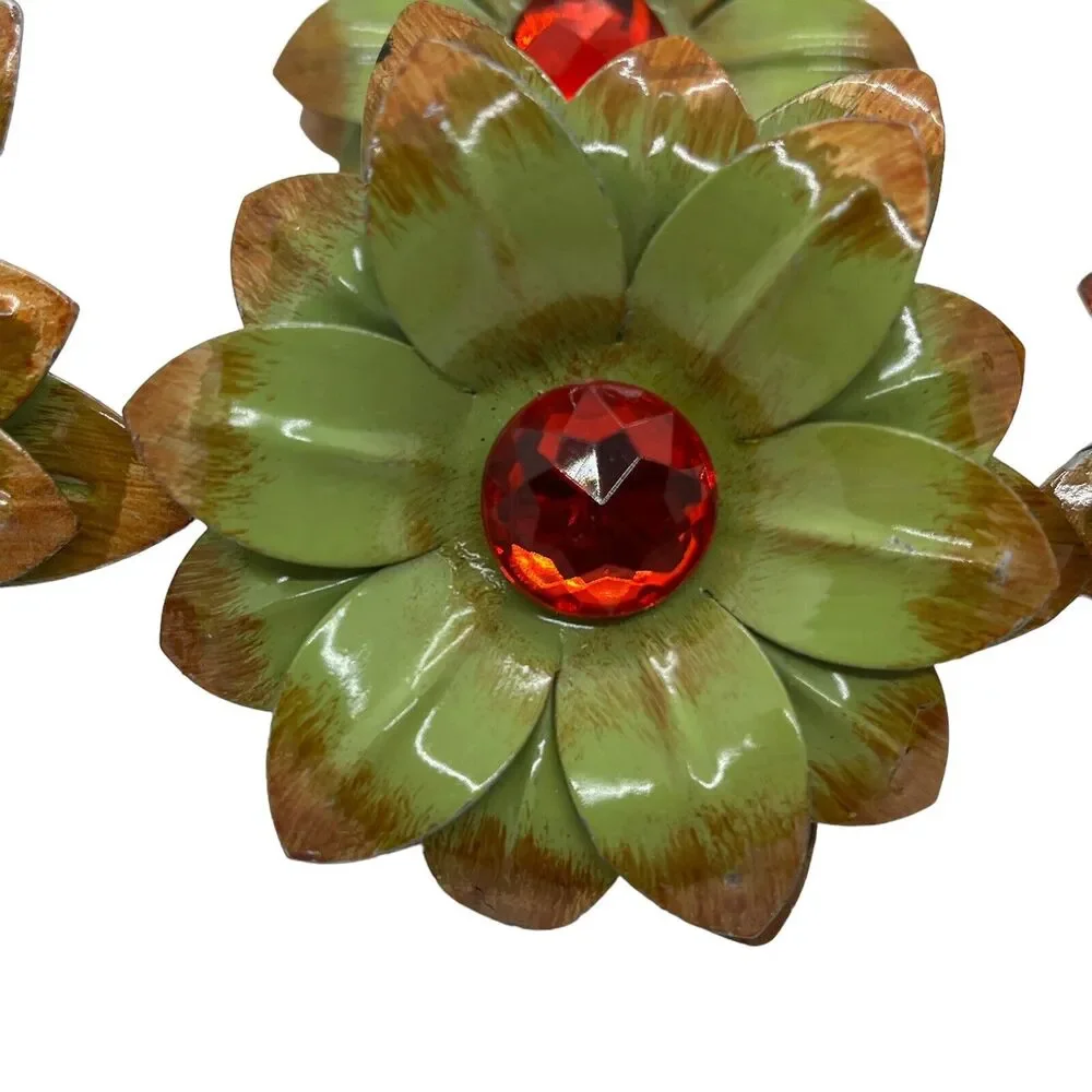 Pier 1 Metal Floral Sunflower Napkin Ring Holders Green w Red Center 3